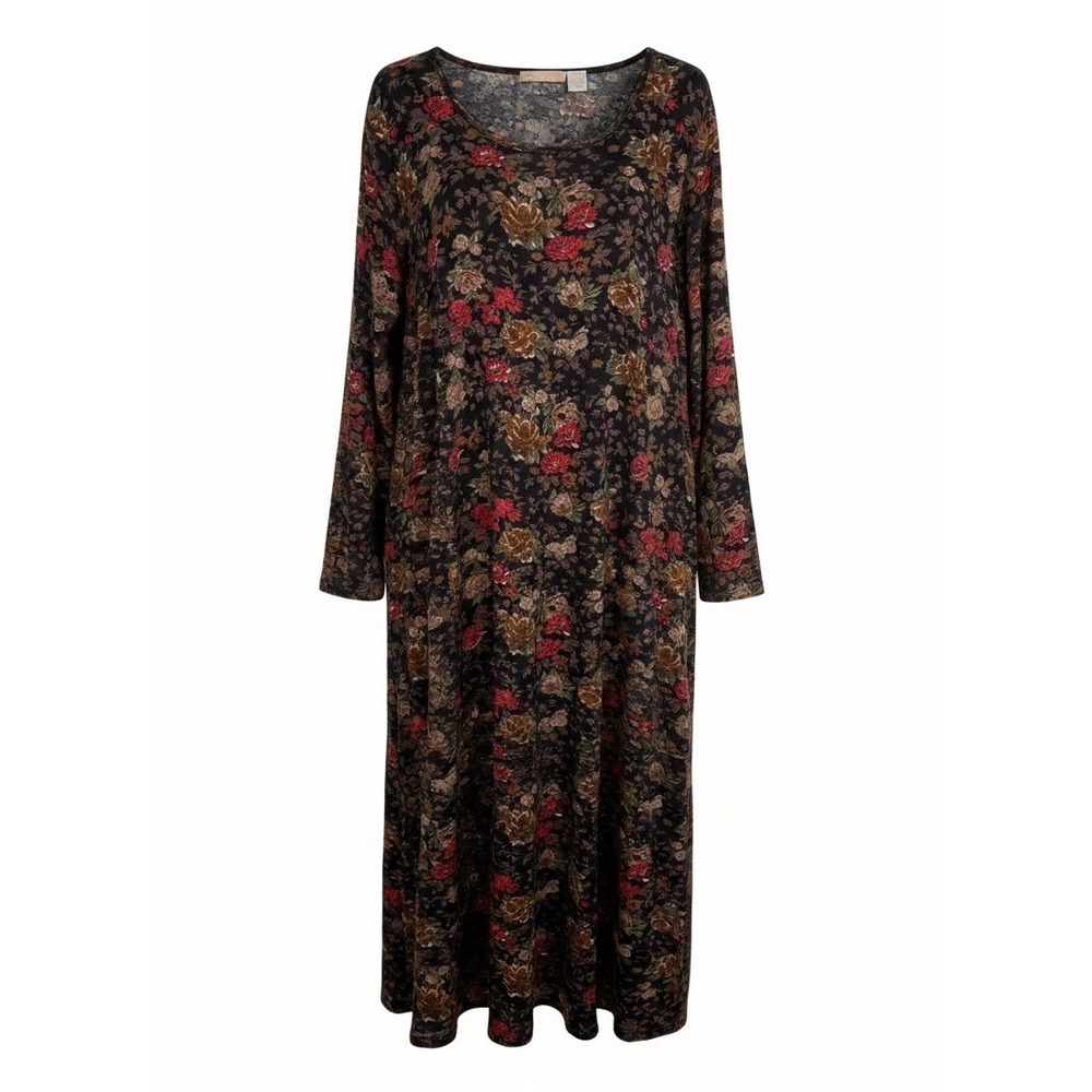 La Cera Dress Plus 3X Black Floral Cotton Long Sleeve Lagenlook Comfy MIDI Dress